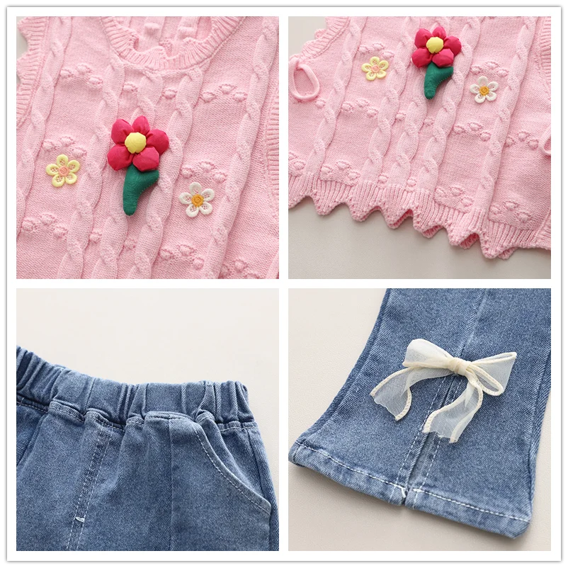 Conjuntos de ropa para niñas, camiseta, chaleco floral, pantalones vaqueros con lazo, ropa de bebé para primavera y otoño, conjuntos para bebés, chándal para niños