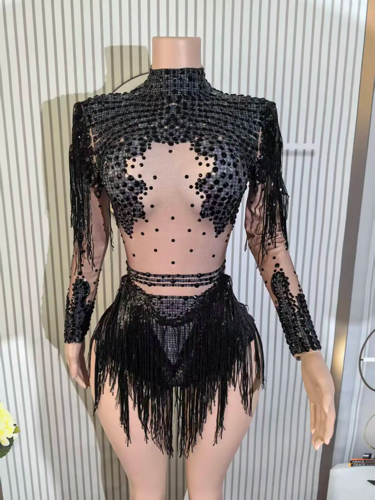 Sexy Skinny Leotard Singer Dancer Show StageWear Sparkly Blue Rhinestones Women DanceCostume Fringes One Shoulder Bodysuit 7G