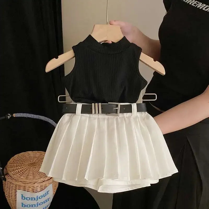 Ropa para niños, verano 2025, nueva moda para niñas, camiseta sin mangas, dulce y fresca, conjunto de falda de moda, ropa sencilla para niñas.