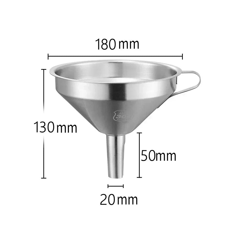 Embudo de acero inoxidable 304 de boca ancha con filtro de malla para aceite de cocina, especias líquidas y utensilios de cocina.