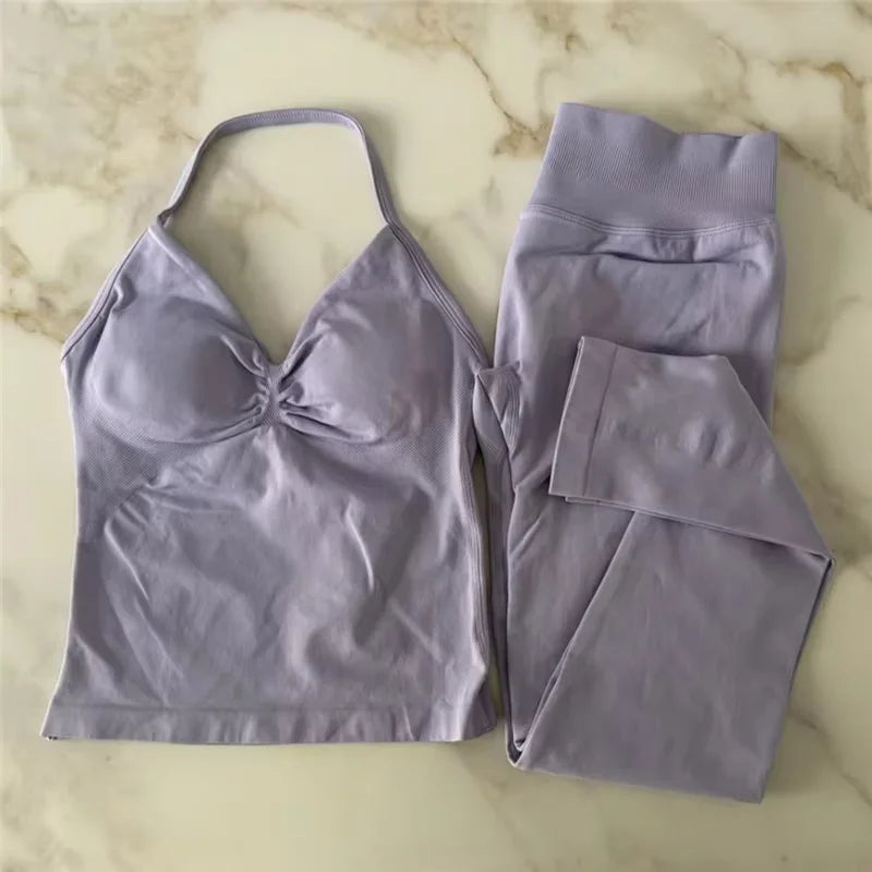Conjunto de 2 piezas de yoga para mujer, leggings de cintura alta sin costuras, sujetador deportivo, ropa de entrenamiento, ropa deportiva para correr