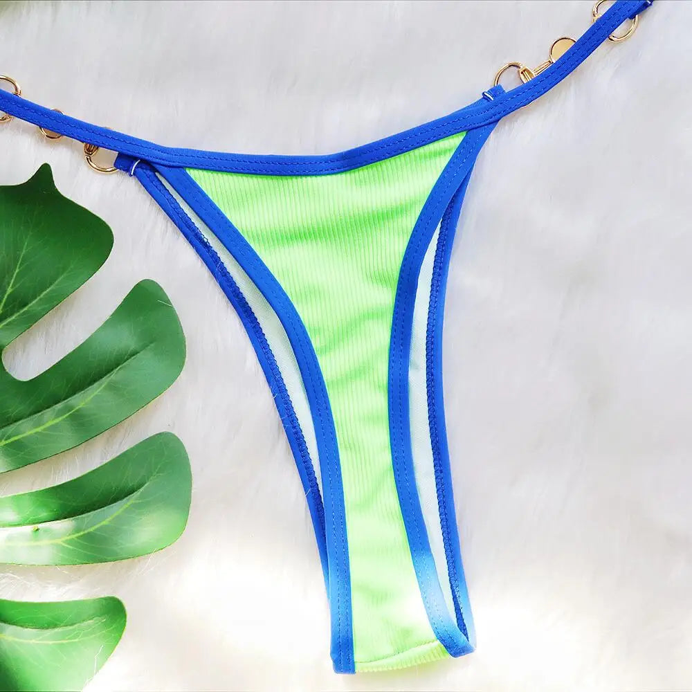 Bikini sexy con cuello halter y perlas para mujer, traje de baño femenino de dos piezas con ribete acanalado