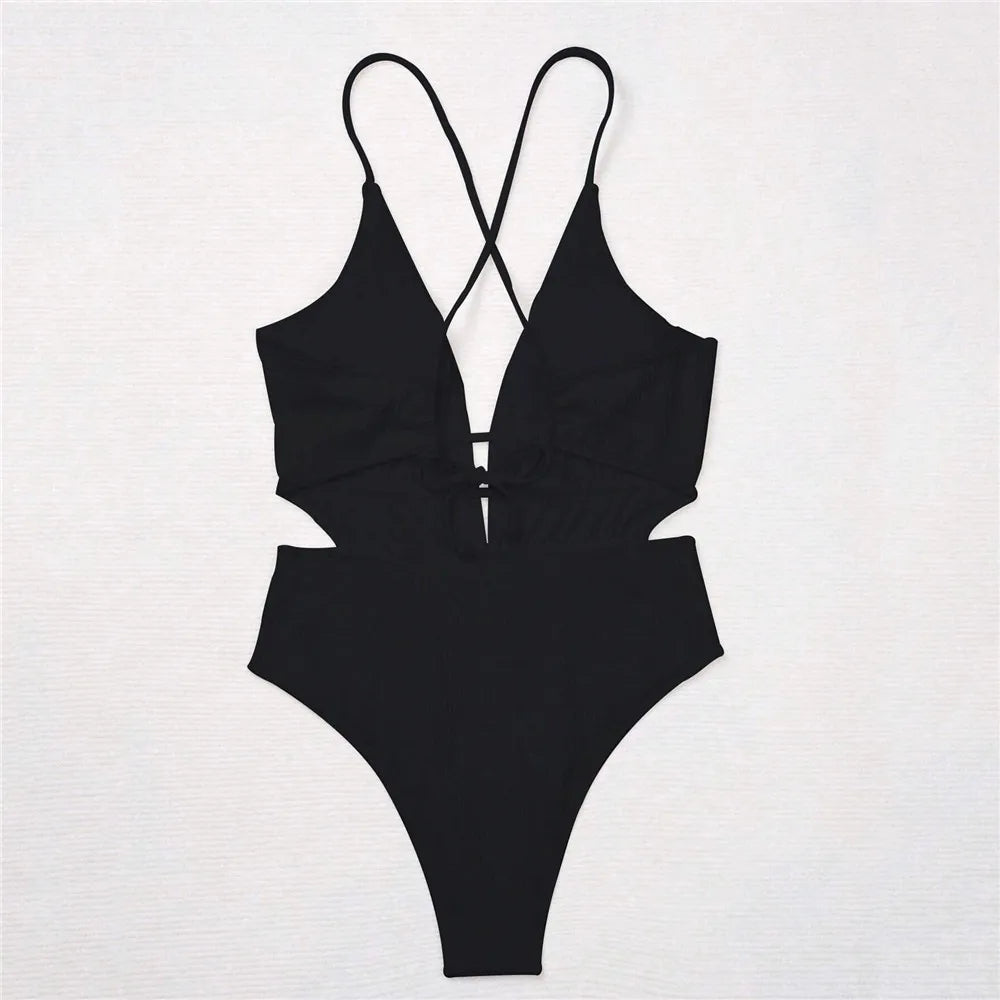Traje de baño de una pieza sexy de canalé negro sin espalda para mujer 2025, traje de baño cruzado con tiras, traje de baño para bañistas.