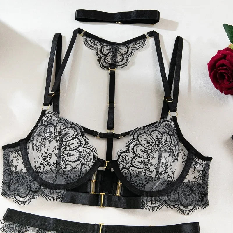 Tornova - Conjunto de ropa interior sexy con bordado de 5 piezas para mujer, de malla con retazos, transparente, con cuello halter y ligas, lencería sexy