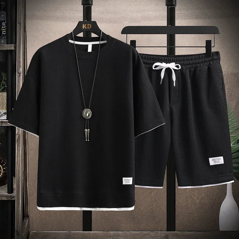 Conjunto deportivo informal de verano para hombre, pantalones cortos de manga corta con cordón, pantalones holgados de cinco cuartos, traje fino de dos piezas para hombre