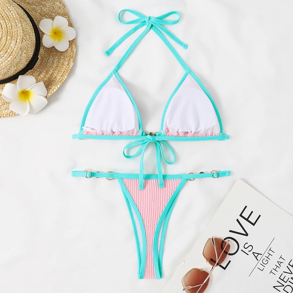 Traje de baño para mujer 2025, traje de baño de dos piezas con cuello halter, conjunto de bikini para mujer, ropa de playa de verano, traje de baño con cordón ajustable, tanga, copa triangular