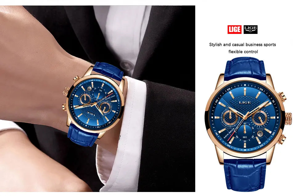LIGE 2024 Reloj de lujo para hombre, reloj de cuarzo informal de negocios, reloj de pulsera de cuero a la moda para hombre, reloj impermeable para hombre