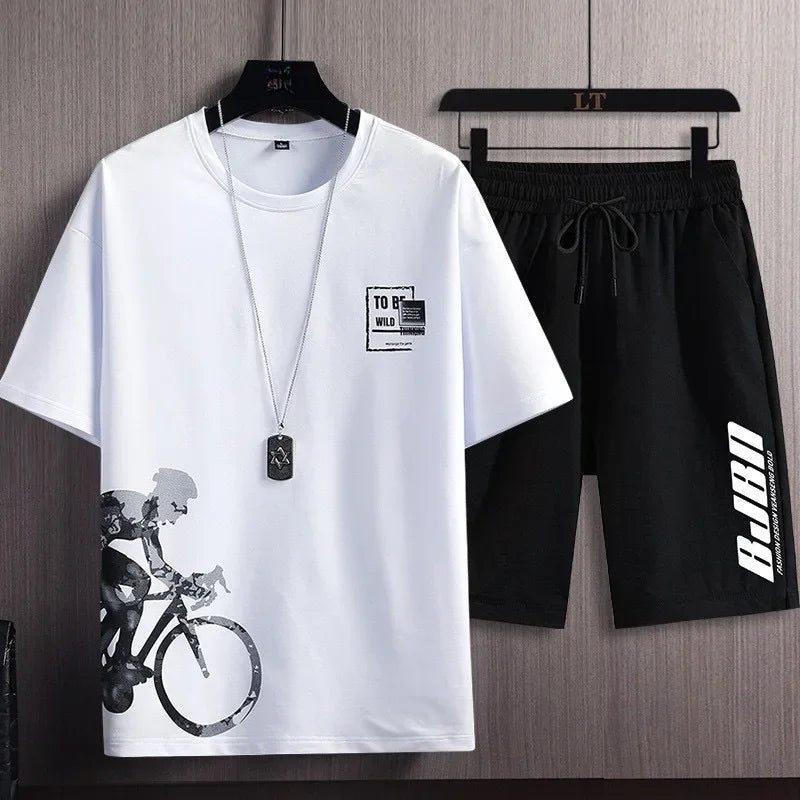 Conjunto informal de dos piezas para hombre, camiseta de manga corta y pantalones cortos, estilo veraniego, ropa deportiva y elegante.
