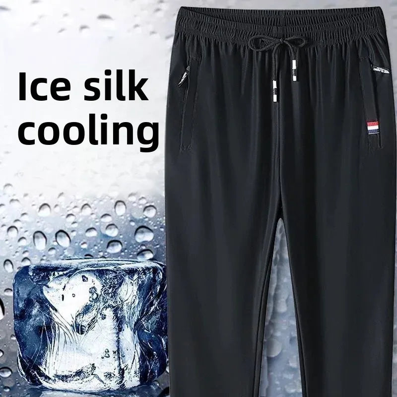 Pantalones deportivos de seda de hielo para hombre, de verano, finos, elásticos, sueltos, informales, transpirables, para correr al aire libre, pantalones largos, talla grande
