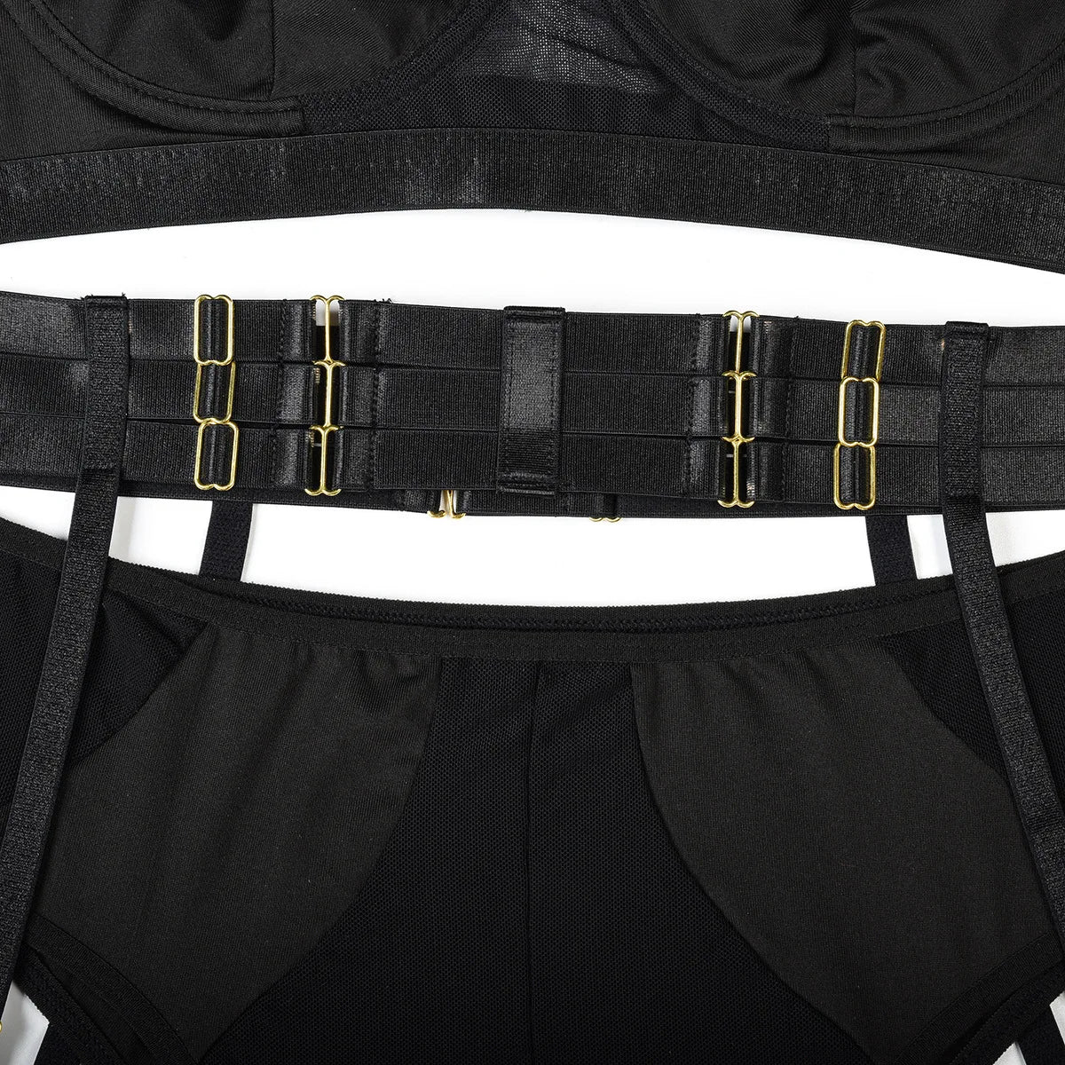 Conjunto de lencería sexy para mujer, con panel de encaje, escote en V profundo, glúteos abiertos, tirantes con forma de corazón de melocotón, cadena cruzada, liguero, ropa interior de tres piezas