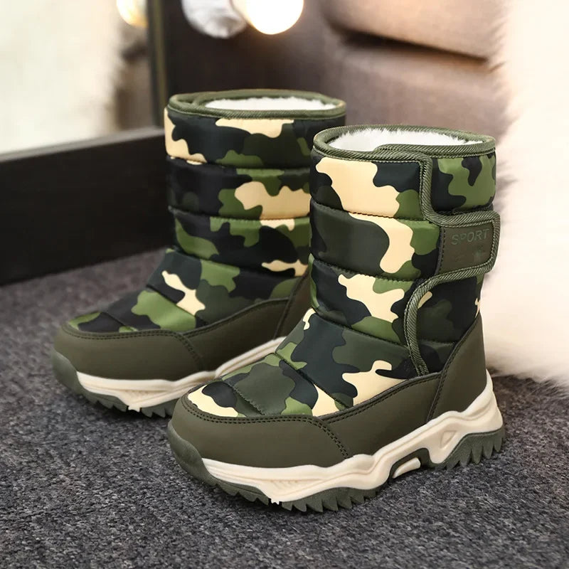 Zapatos casuales para niños y niñas, botas de nieve de piel cálidas y antideslizantes, zapatillas de invierno, calzado para exteriores para niños, botas acolchadas impermeables
