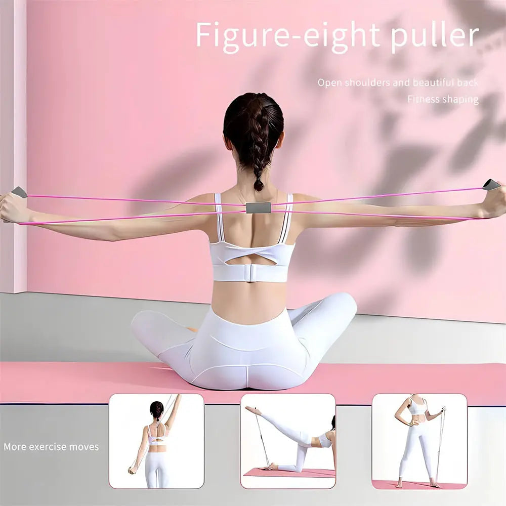 Juego de 8 piezas para yoga y fitness. Incluye tensor, pinza para piernas, cuerda para saltar, aro de yoga, banda de resistencia, ilustración de acción y bolsa de almacenamiento.