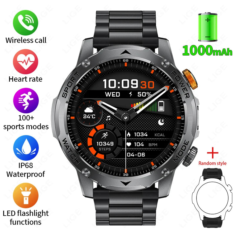 Reloj inteligente para hombre, nuevo, con batería de 1000 mAh, pantalla AMOLED HD de 1,7 pulgadas, control del ritmo cardíaco, linterna, llamadas Bluetooth, reloj inteligente de salud para hombre.