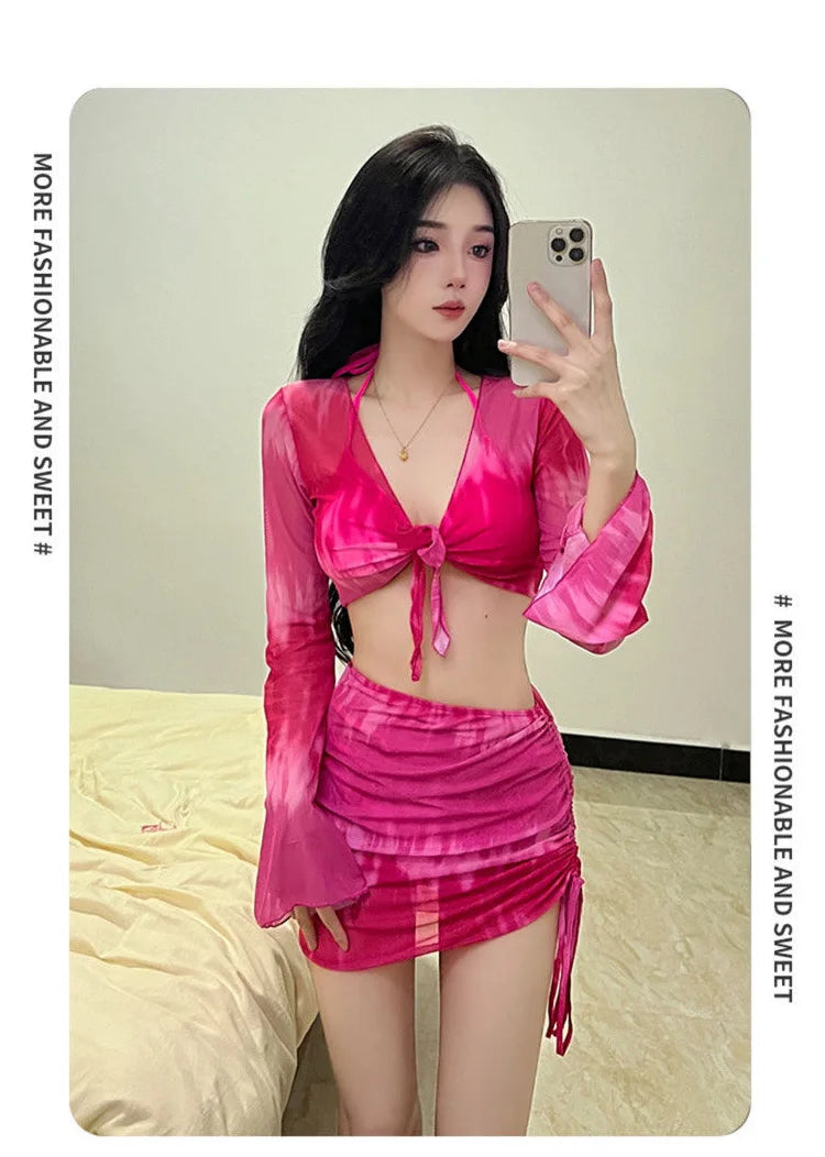 Conjunto de bikini para mujer, traje de baño Vaion separado, Pure Desire, sexy, de cuatro piezas, conservador, ajustado, pecho pequeño, fruncido, persona...
