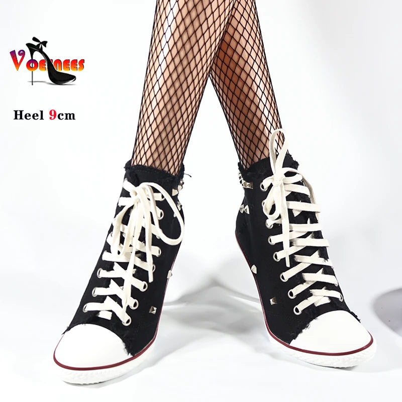 Botas cortas de mezclilla para mujer, botines con tachuelas y tacones altos, botas de mujer con remaches, tacones altos finos con cordones, zapatos de mezclilla
