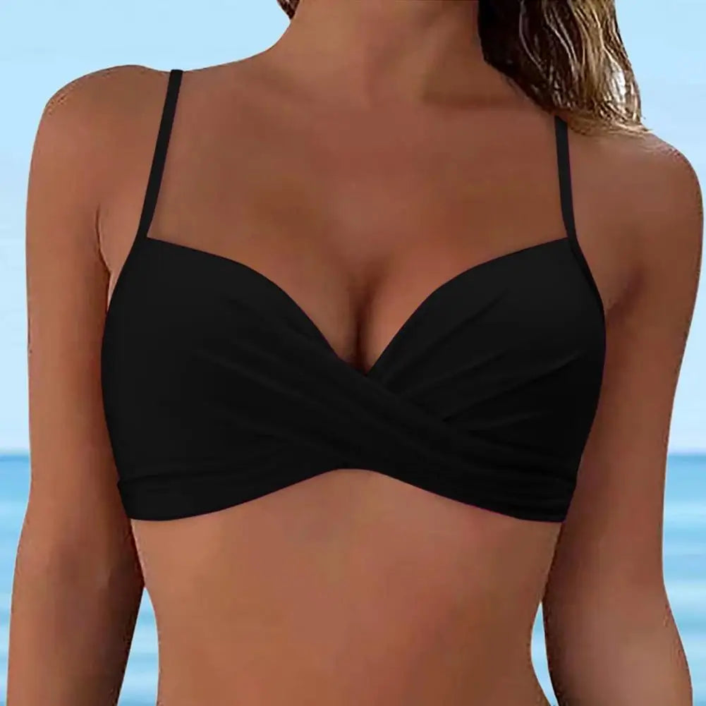Sexy Ladies Beachwear Bra Tops Black for Swimwear Female Low Waist Swimsuit Women V-Neck Front Knotted Bikini Top Bathing Suit