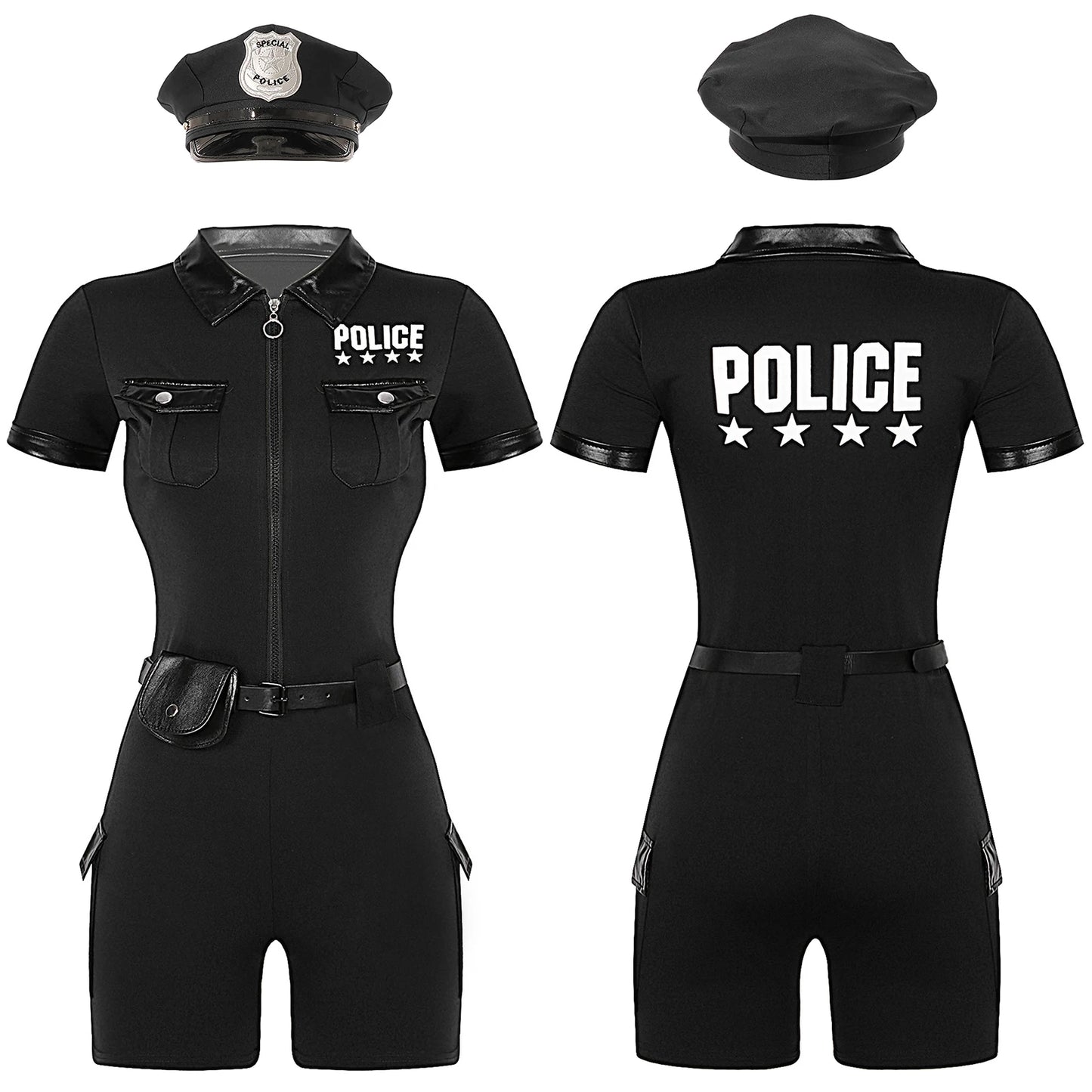 Women Cop Police Uniform Policewoman Cosplay Costume Zipper Short Sleeve Jumpsuit with Belt Purse Hat Halloween Party Clubwear