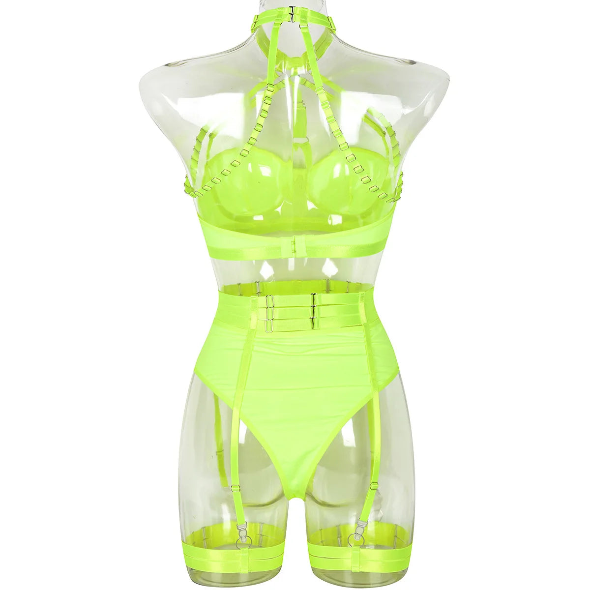 Conjunto de lencería sexy para mujer, con panel de encaje, escote en V profundo, glúteos abiertos, tirantes con forma de corazón de melocotón, cadena cruzada, liguero, ropa interior de tres piezas