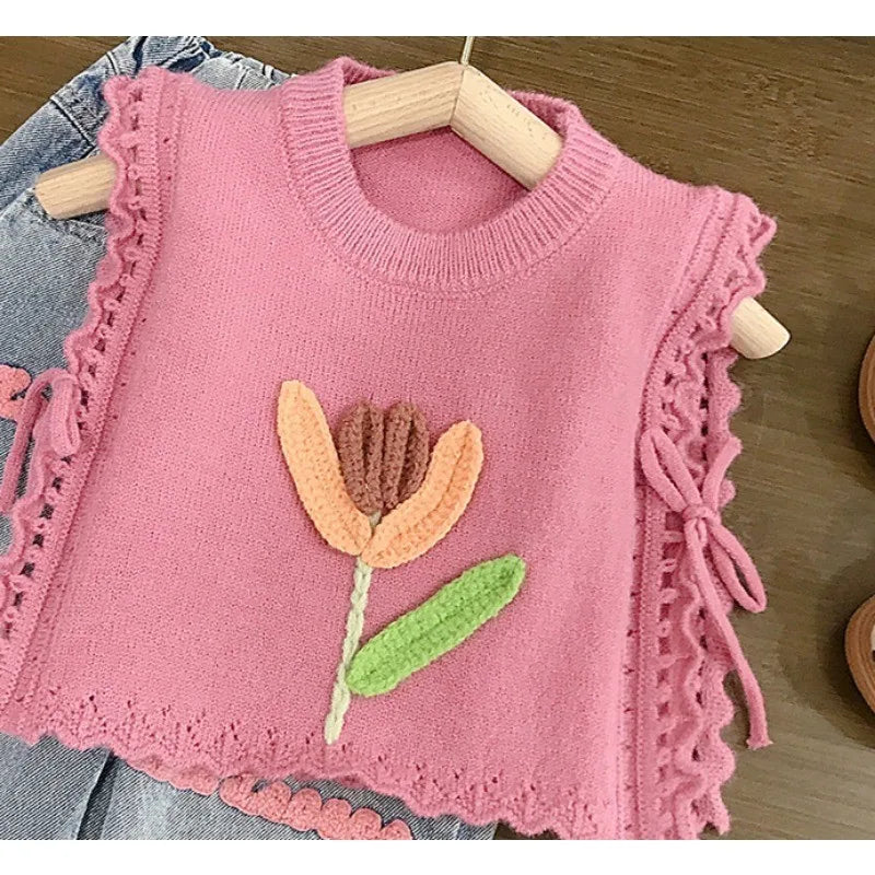 Conjuntos de ropa para niños de 2 a 7 años, chaleco de punto rosa y vaqueros, conjunto de verano para bebés y niños pequeños.