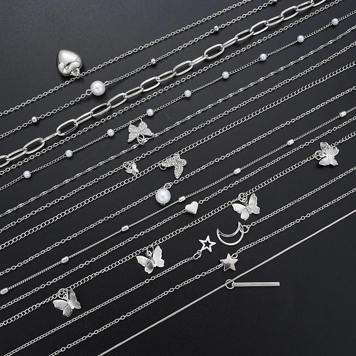 Juego de 13 collares sencillos con temperamento, mariposa, perla, corazón, estrella, circonita, color plateado, para mujer, joyería de moda, regalo