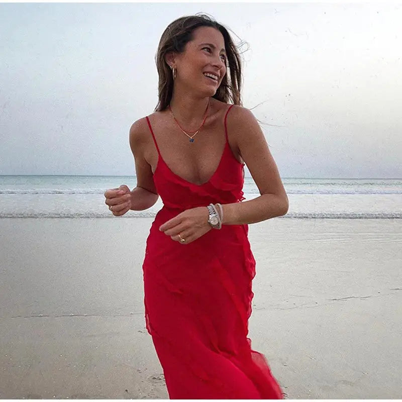 Vestido largo de gasa con volantes para mujer, estilo maxi, con espalda descubierta y abertura, ideal para fiestas de graduación, bodas y eventos de verano. Vestido largo y elegante.