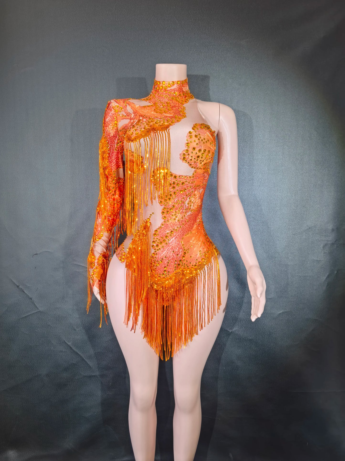 Sexy Skinny Leotard Singer Dancer Show StageWear Sparkly Blue Rhinestones Women DanceCostume Fringes One Shoulder Bodysuit 7G
