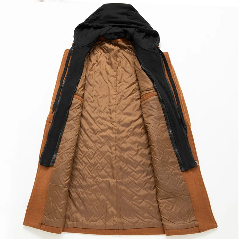 Autumn Winter Men's Wool Trench Coat Fashion Hooded Warm Long Woollen Coats Business Casual Turn Down Collar Woolen Blend Men