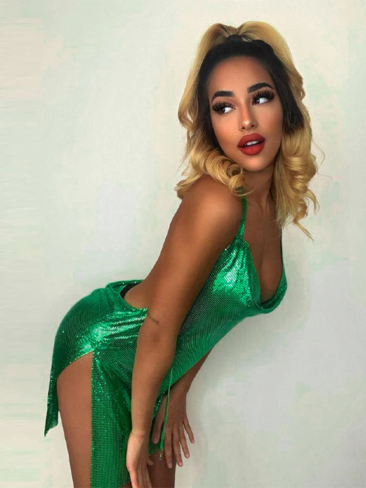 Vestido corto elegante y sexy para mujer, con cuello colgante, espalda descubierta, lentejuelas en el pecho, para fiesta y baile.