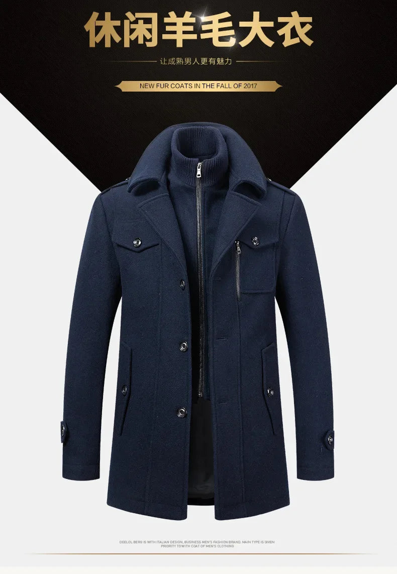Thickening Warm Wool Coat High Quality Design Wool Coats Men's Wool Blend Winter Double Collar Wool Blend Men Solid Color