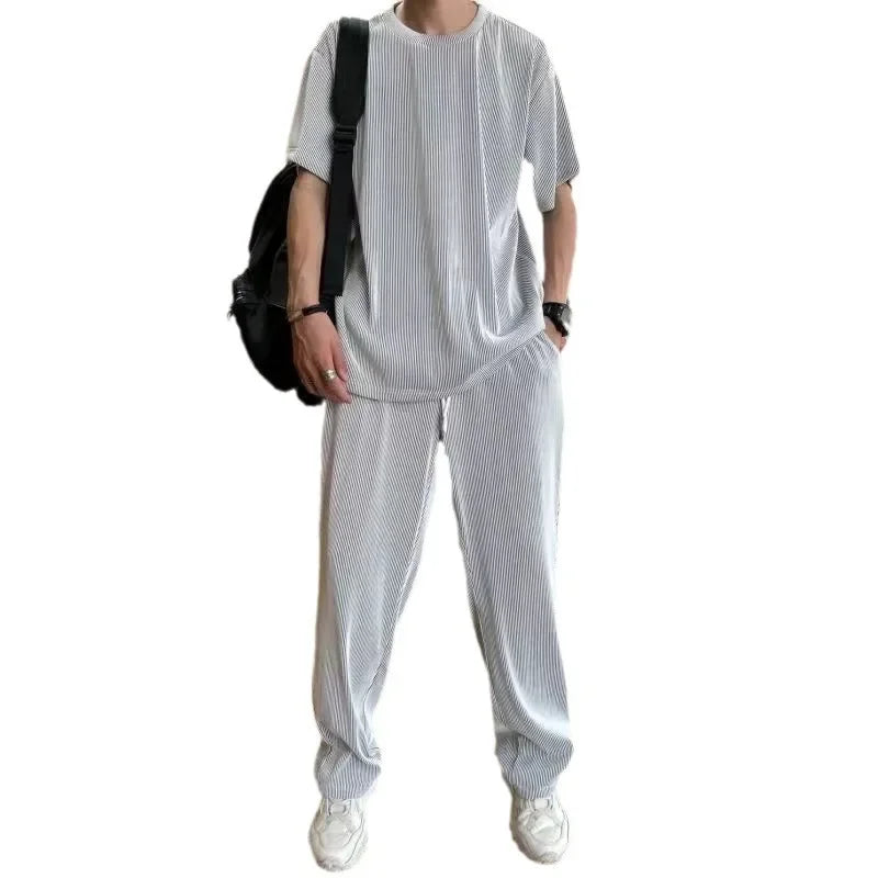 Conjunto deportivo informal de verano para hombre, de seda de hielo, con camiseta fina de manga corta y pantalones largos de secado rápido, a juego con media manga.