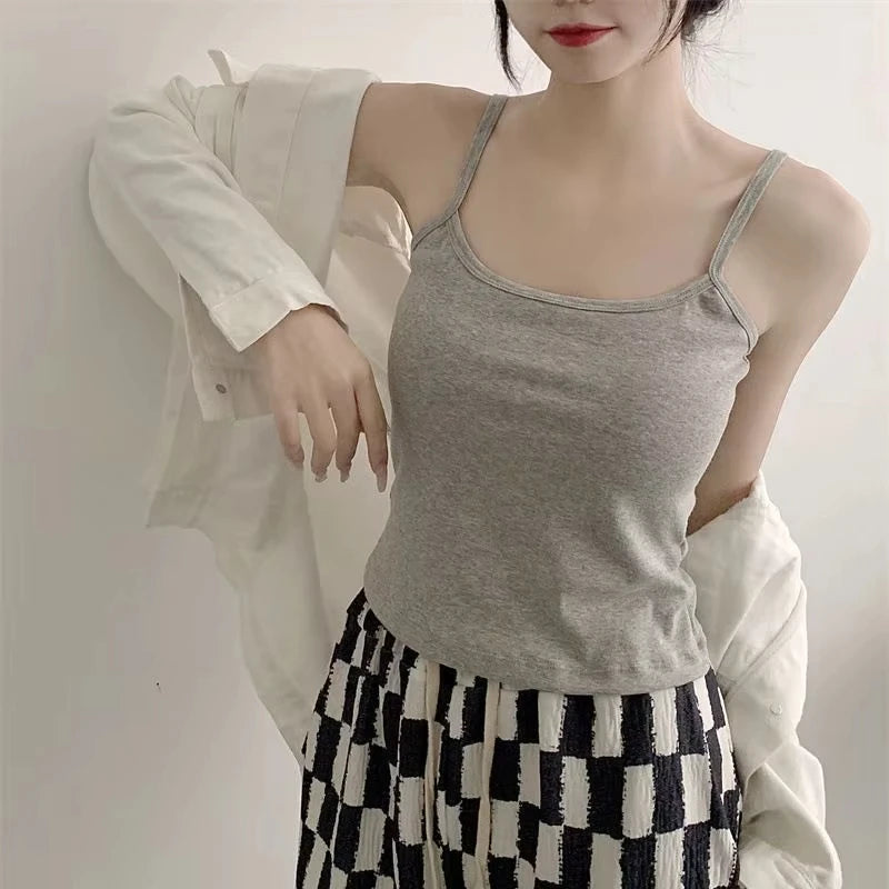 Camisola ajustada sin mangas con tirantes finos de color liso para mujer con almohadilla para el pecho, de algodón, para uso exterior, camisetas cortas de verano para mujer.