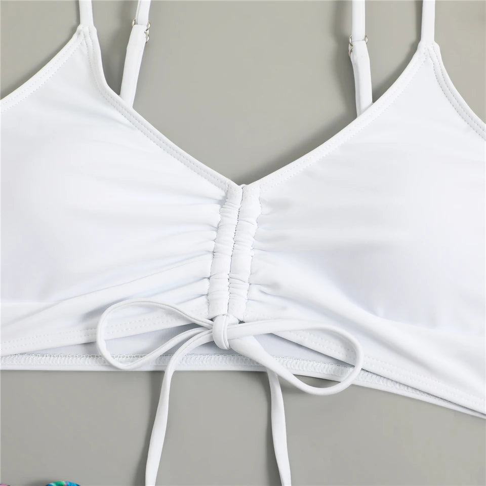 Bikini con cordón y estampado tropical para mujer, traje de baño de cintura alta con lazo frontal, pantalones cortos, traje de baño sexy para mujer, ropa de playa de verano