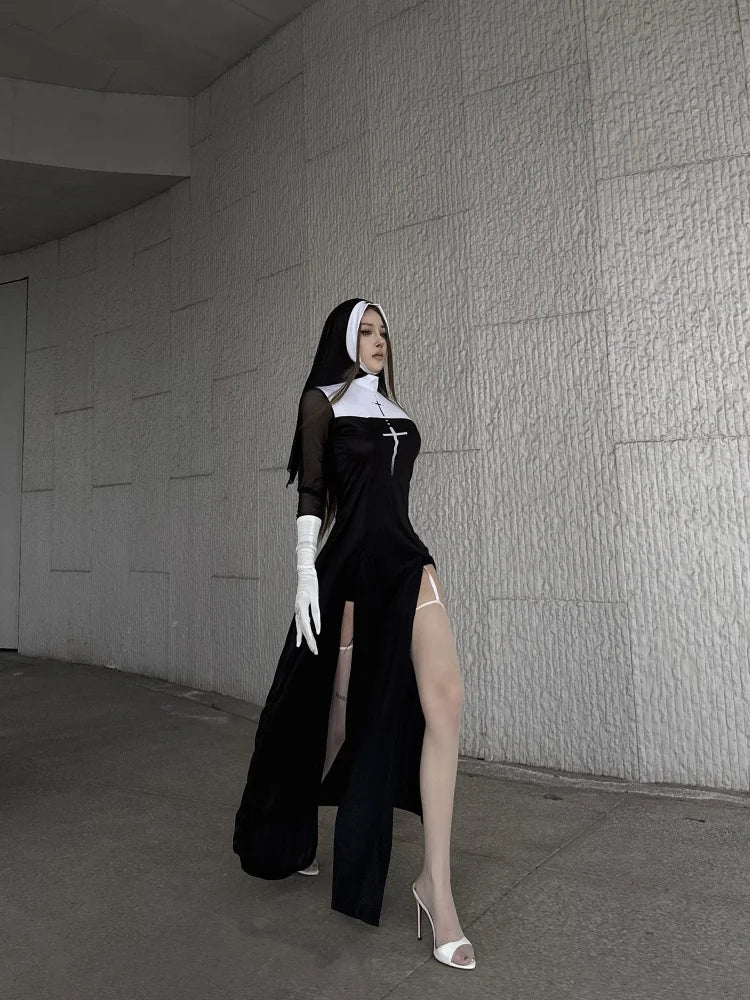 Sexy Anime Nun Cosplay Costume Women Fancy Dress Uniform Halloween Party Adult Madonna Dress Black Fancy Robe Headdress Set 2025