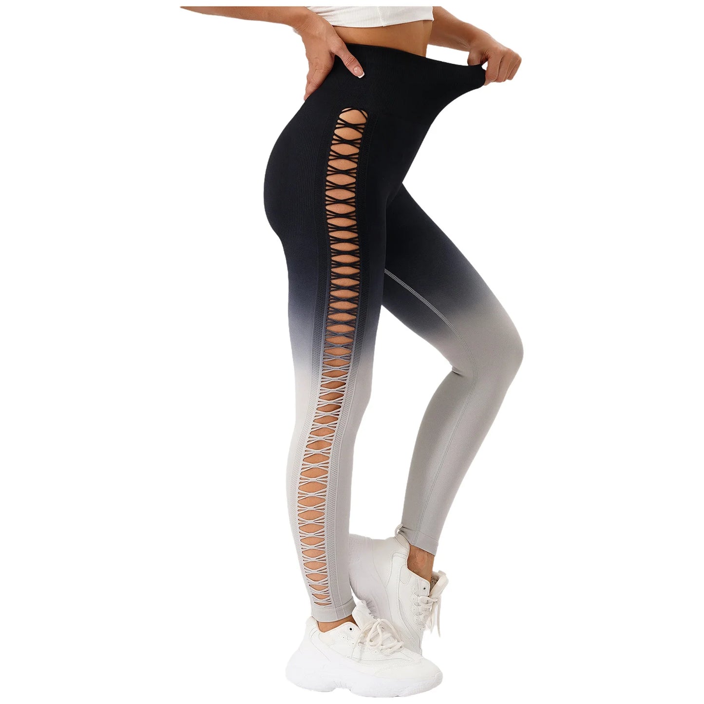 Womens Hip Tight Yoga Pants High Waist Side Hollowed-Out Mesh Design Exercise Yoga Leggings Running Gym Fitness