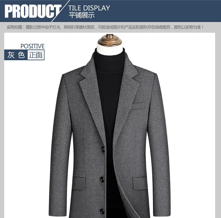 Nueva chaqueta cortavientos larga de lana de alta calidad para hombre, color negro y gris, clásica, gruesa y cálida, ideal para otoño e invierno (2025).