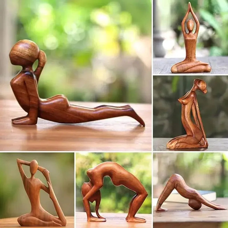 Estatua de meditación de yoga tallada en madera de chica de yoga, hecha a mano, pose de yoga, decoración del hogar