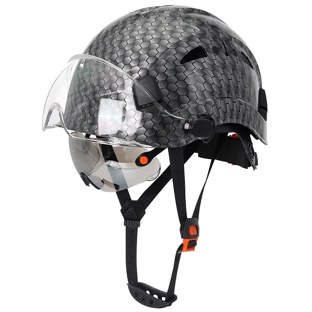 Casco de seguridad con patrón de fibra de carbono y gafas de doble visera para ingenieros, casco de seguridad CE ANSI ABS, gorra de trabajo industrial, rescate