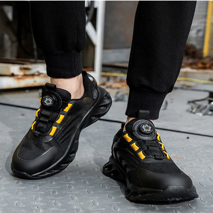 Zapatos de seguridad con botón giratorio para hombre, zapatos de trabajo con puntera de acero, zapatos de trabajo indestructibles y ligeros, zapatillas transpirables.