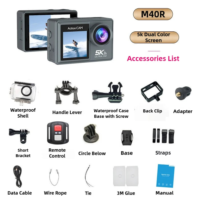 Cámara de acción M40TR 5K con pantalla táctil IPS de 2", zoom 5X, 170°, alcance de 30 m, antivibración, impermeable, control remoto WiFi, deportiva