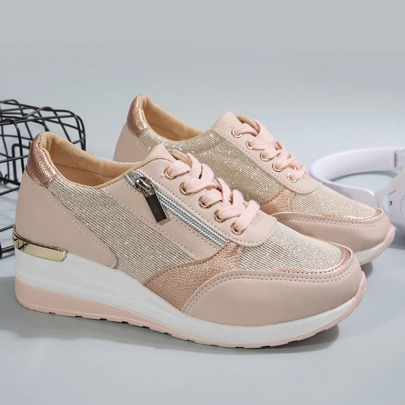 Zapatillas de deporte con cuña rosa de moda 2025 para mujer, ligeras, transpirables, informales, con plataforma vulcanizada y de talla grande.