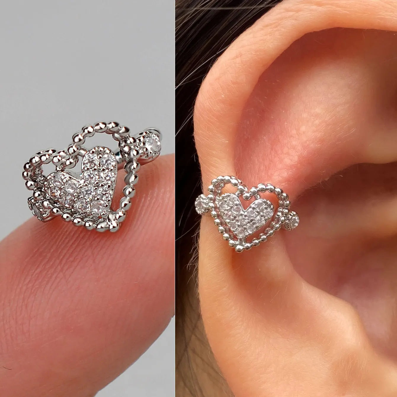 1 pieza de delicados pendientes de clip de circonita para mujer, con forma de corazón, sin perforaciones, pendientes de cartílago falsos para mujer, joyería de moda 2025