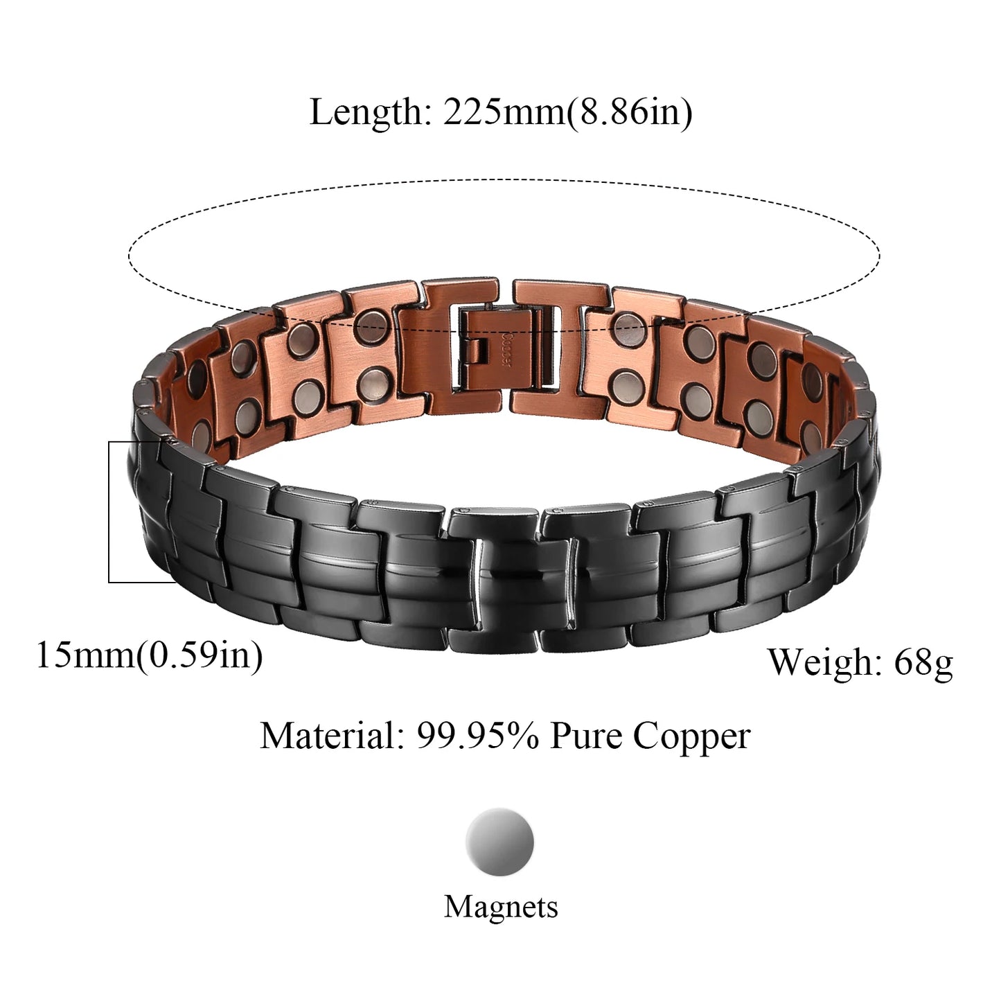 Pulseras magnéticas de cobre de alta resistencia para hombre con imanes de neodimio de doble fila, tamaño ajustable, ideal como regalo para parejas.