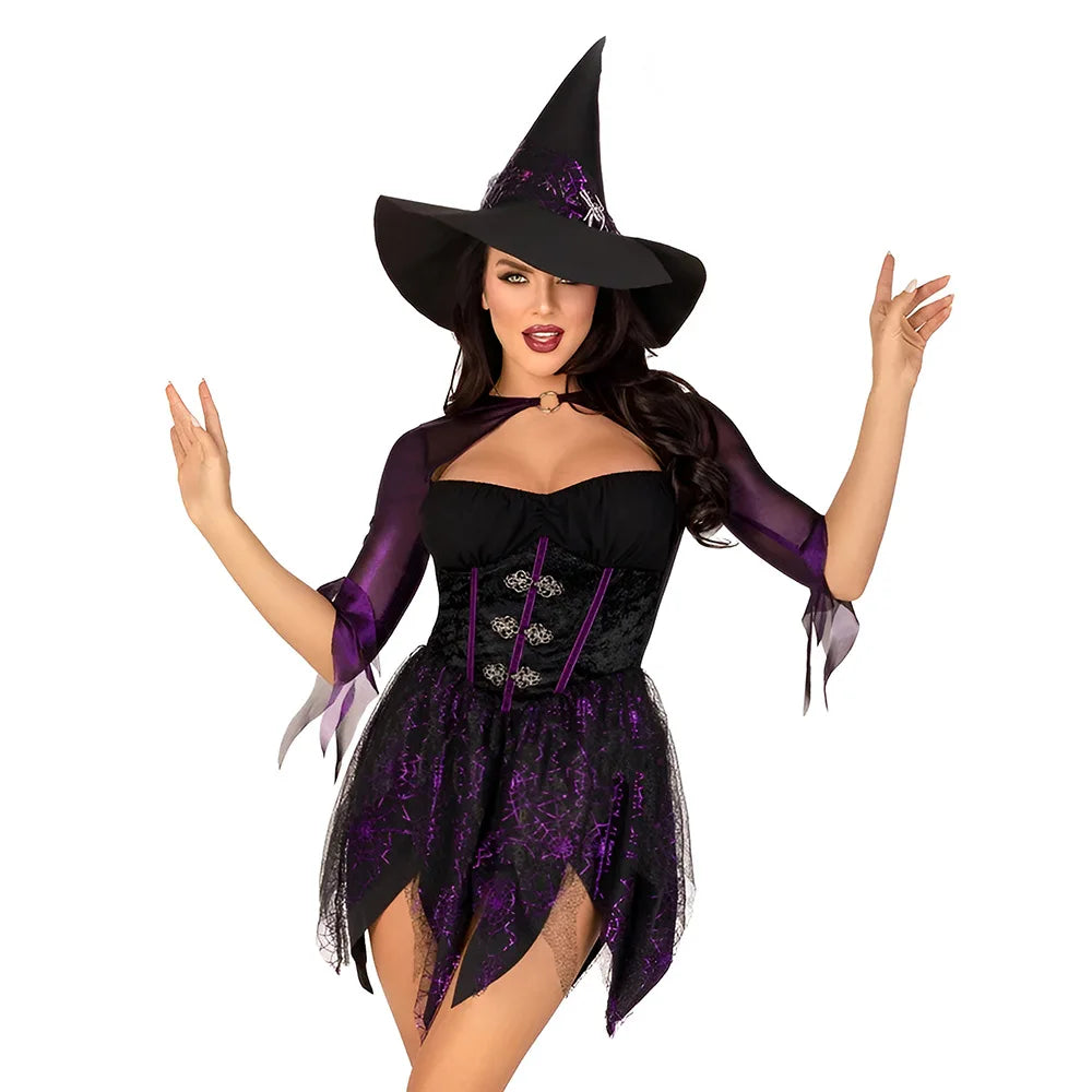 3 Piece 2025 Sexy Underwear Women Witch Long Sleeves Short Purple Triangle Lace Dress With High Hat Role Playing Cosplay Costume