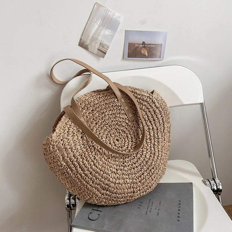 Bolsos de paja redondos de verano para mujer, bolso de hombro de ratán, bolso de playa tejido a mano para viaje, bolso de mano femenino de gran capacidad