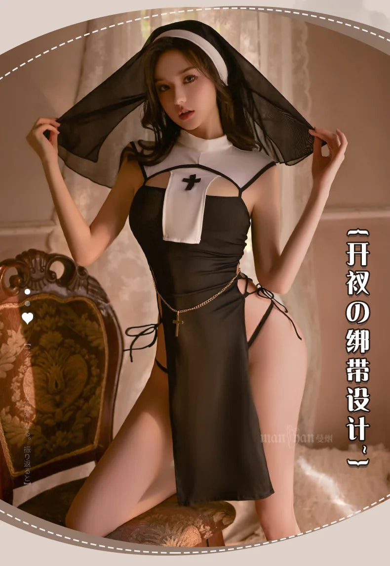 Japanese Erotic Sexy Nun Costume Women Cosplay Lingerie Gothic Maid Costume Nun Dress Anime Roleplay Halloween Sex Porno Clothes