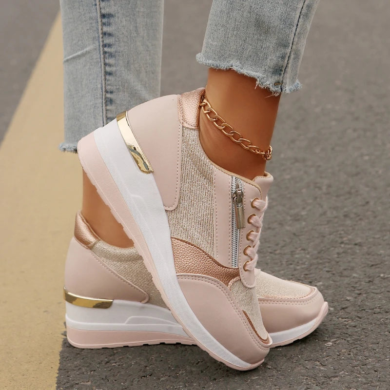 Zapatillas de deporte con cuña rosa de moda 2025 para mujer, ligeras, transpirables, informales, con plataforma vulcanizada y de talla grande.