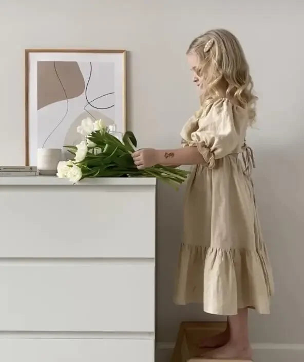 Vestido de verano para niñas, de algodón y lino, con espalda ajustada y mangas abullonadas, estilo princesa, sencillo y dulce, 2023