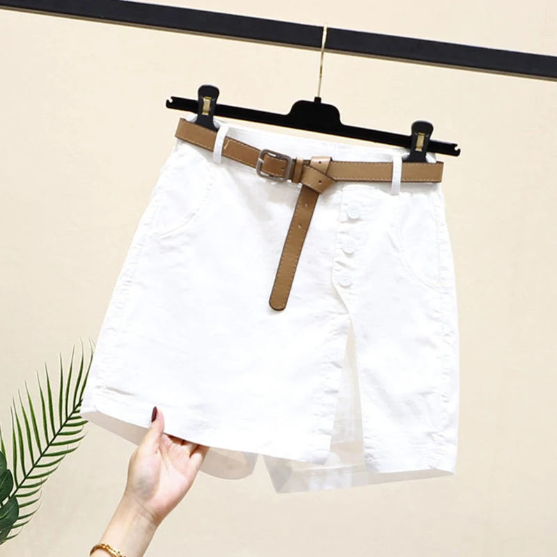 Pantalones cortos elegantes para mujer, con cinturón, botones lisos coreanos, aberturas laterales, estilo urbano, faldas de moda, pantalones holgados elegantes de verano Harajuku