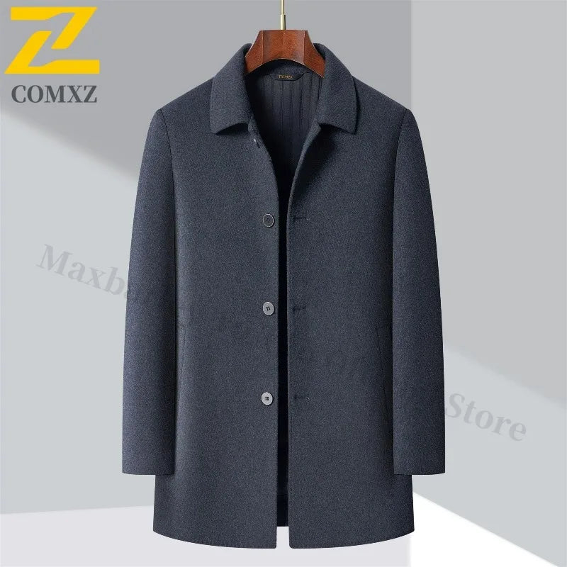 2025 Winter Men Wool Blend Overcoat Mid Length Double Faced Thick Warm Coat Detachable Goose Down Inner Premium TrenchCoat