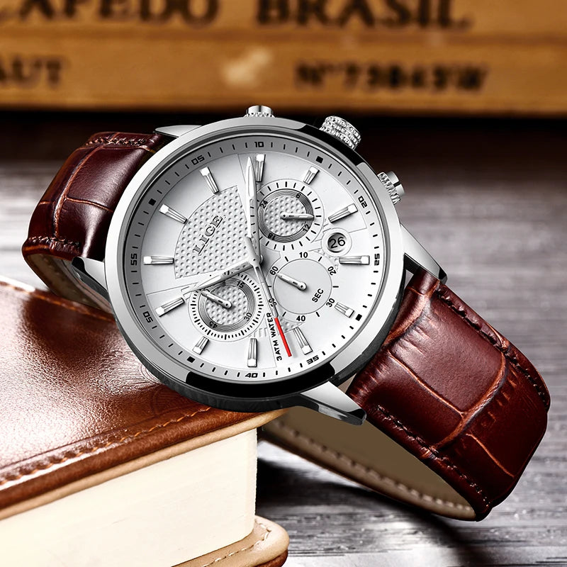 LIGE 2024 Reloj de lujo para hombre, reloj de cuarzo informal de negocios, reloj de pulsera de cuero a la moda para hombre, reloj impermeable para hombre